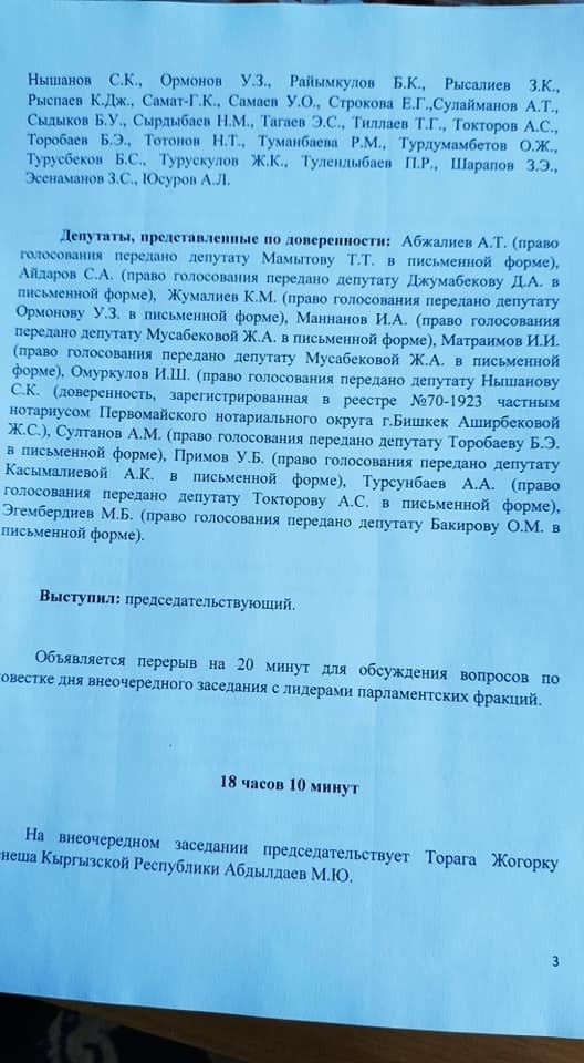 Список депутатов, присутствующих при утверждении Жапарова на пост премьера