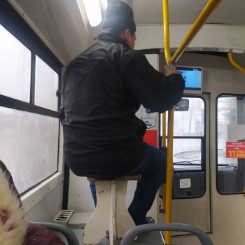 В соцсетях КР обсуждают пассажира, который сидел на табуретке в троллейбусе